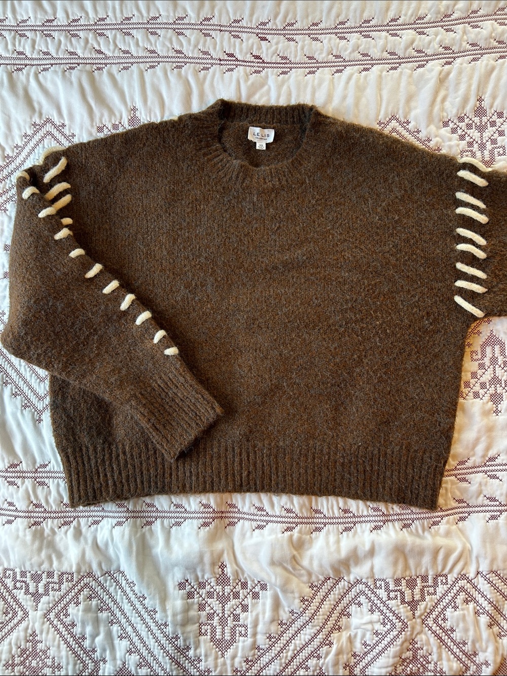 Le Lis Brown Crewneck Sweater with Cream Sleeve Stitching